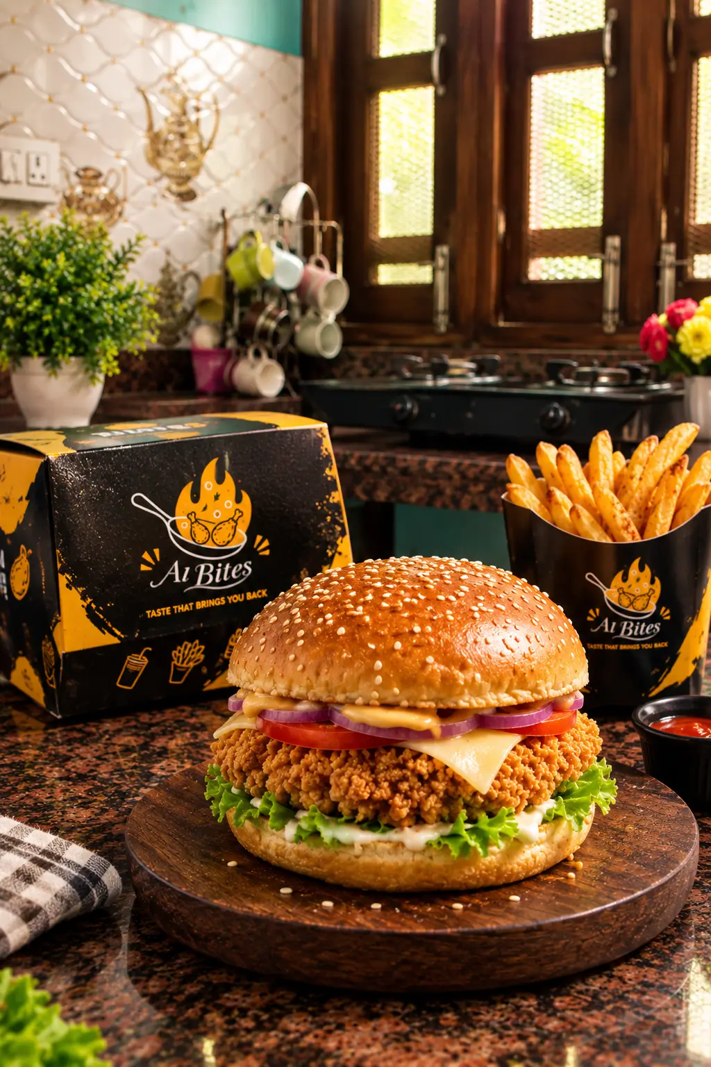 Chicken burger with a side of crispy fries